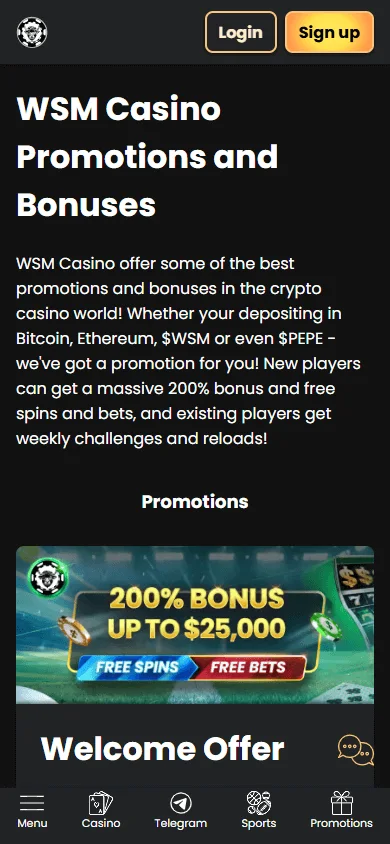 Wsm Casino promotions interface on a mobile device